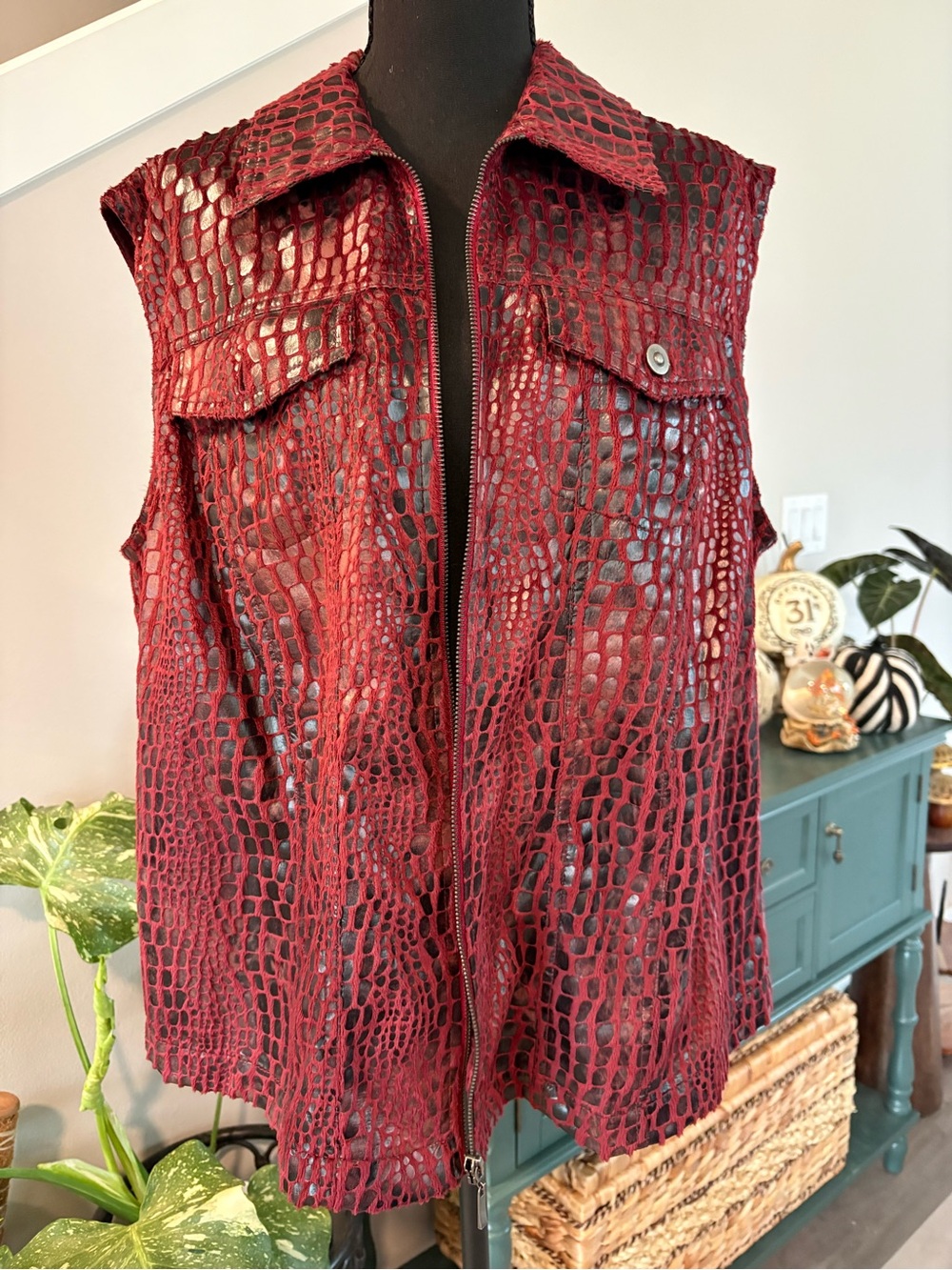 Ruby Rd. Red Croc-Embossed Sleeveless Zip Front Vest